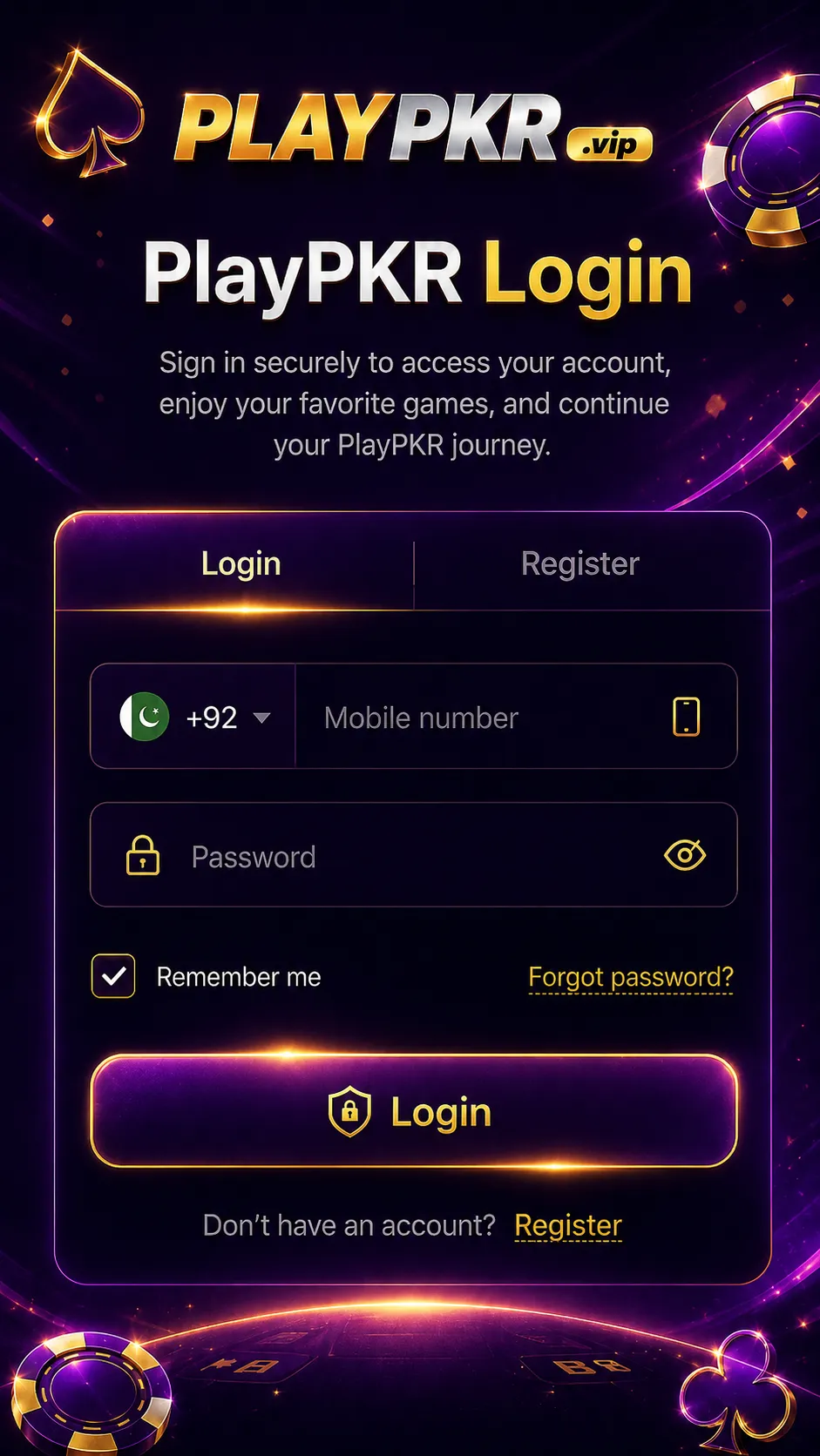 اپنے PlayPKR اکاؤنٹ میں لاگ ان کریں اور محفوظ طریقے سے گیمز تک رسائی حاصل کریں۔